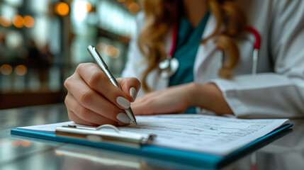 Medical doctor on white background with the stethoscope, looking at medical form and taking notes. 