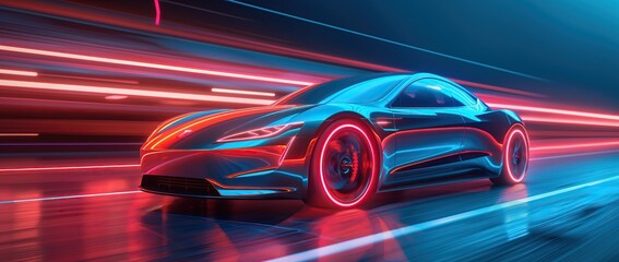A futuristic electric sports car speeding with vibrant light trails in the background