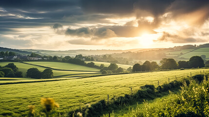 A field of grass with a cloudy sky in the background. The sun is setting and the sky is turning orange