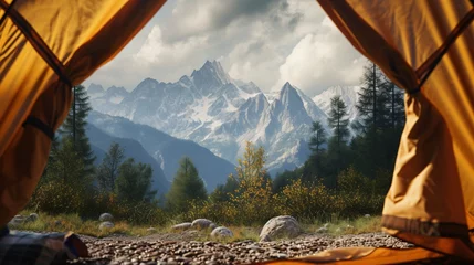 Zelfklevend Fotobehang View of the mountains from a camping tent. Outdoor adventure and summer concept, nature landscape © Vladimir