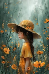 A girl in a yellow dress and hat stands in a field of yellow flowers.