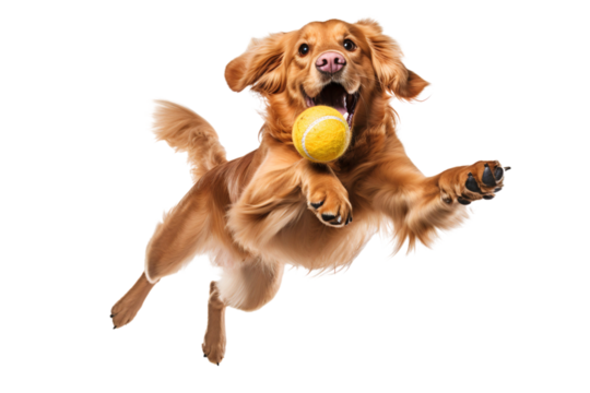 Golden retriever dog jumping happily and playing with ball, isolated on transparent background