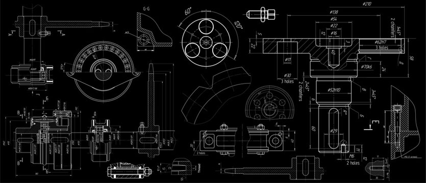 Vector engineering drawing of steel mechanical parts 
with through holes and dimension lines. Industrial 
cad scheme on paper sheet. Technology background.