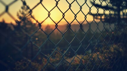Chain Link Fence with Blurred Trees and Sky Background - Photograph of a chain link fence with a