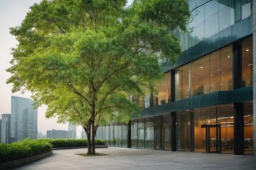 Obraz premium office building with environmentally friendly green trees.