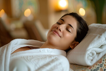 Hispanic woman wearing bath robe relaxing in spa - obrazy, fototapety, plakaty