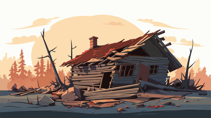 Destroyed wooden house flat style vector illustrati