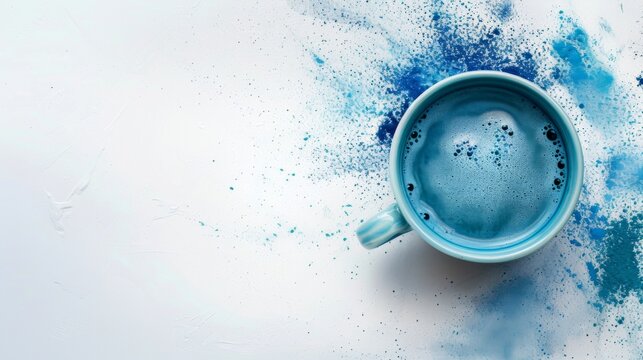 Matcha blue tea in cup on blue powder background with copy space. Creative trendy colors for modern design. Image can be used for social media, advertising, and print.