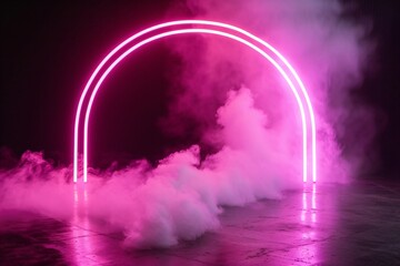 Pink neon arch, round portal, circles frame with swirling smoke on floor, white fog on the floor with black background