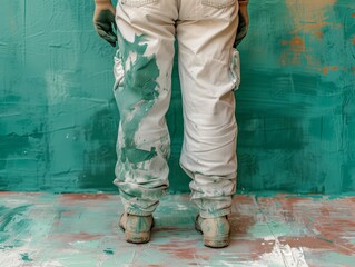 Painter's legs covered in paint: close-up of a painter's legs with paint splatters on overalls and boots against a green wall
