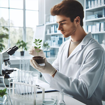Biotech Scientist Cultivating Plant in Lab: A Study in Green Biotechnology, Advancements in Green Biotechnology, Scientist with Plant Sample in Lab