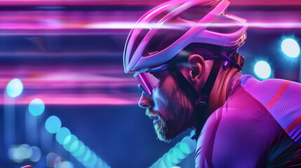 Cyclist in helmet and goggles close-up with neon lights with space for your text