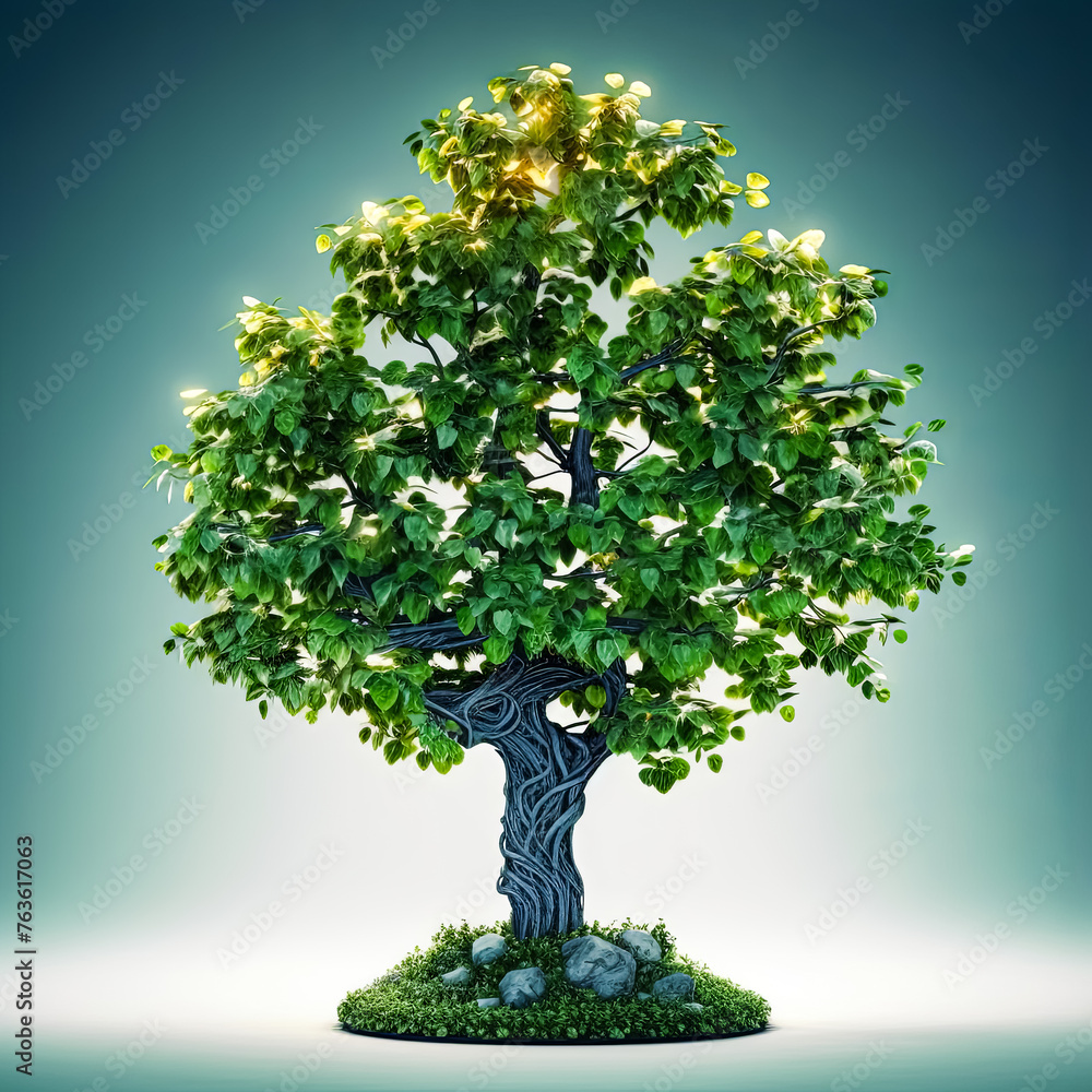 Poster a tree with a lot of leaves and a trunk that is covered in vines. the tree is surrounded by rocks an