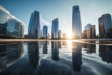 Reflective skyscrapers of business office buildings view from bottom to top urban in the city sunny day