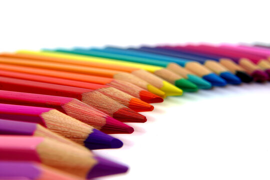 A rainbow of colored pencils with sharp tips for creative art work lined up in an arc, isolated on a white background