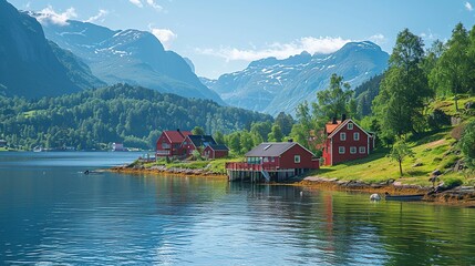 Fototapeta na wymiar Beautiful nature with blue sky, reflection in water, rocky beach and red house. Portrait landscape of Norway