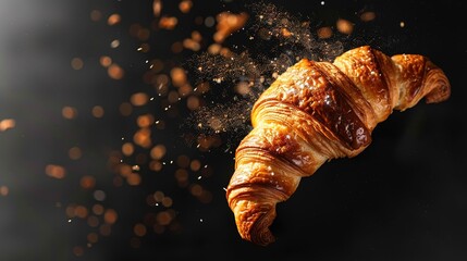 Freshly baked croissant flying in air. Close up of crumbled french croissant - obrazy, fototapety, plakaty