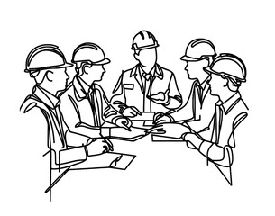 continuous line drawings of some construction workers wearing helmets that stand at meetings and discuss