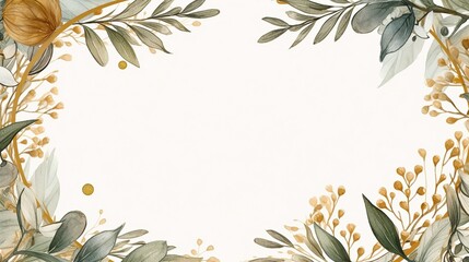Golden watercolor leafy frame border empty page white background
