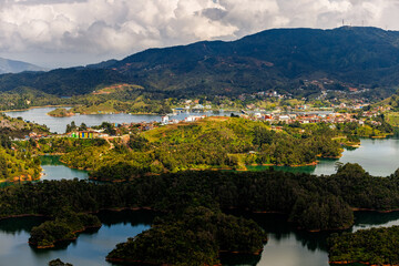 Fototapeta na wymiar Aerial panoramic view of the Guatape-Peñol reservoir in Antioquia, Colombia