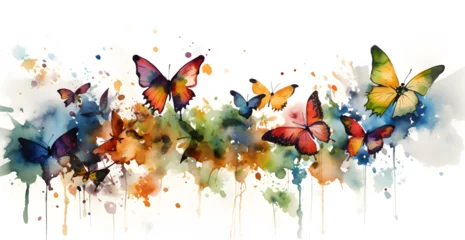 Rideaux velours Papillons en grunge .**a swarm of multicolored butterflies in a field the style of watercolor painting on a white background