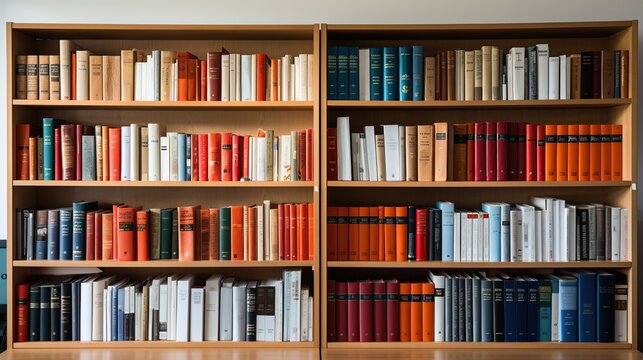 Modern library with many books on shelf. Collection books displayed on the bookshelf.