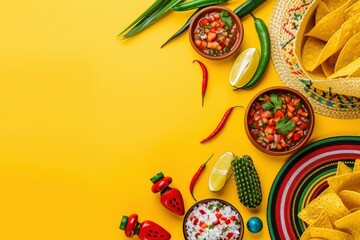 Top view photo of traditional food nacho chips salsa sauce chilli tequila with salt lime sombrero serape cactus and maracas on isolated vivid yellow background and copyspace - generative ai - obrazy, fototapety, plakaty