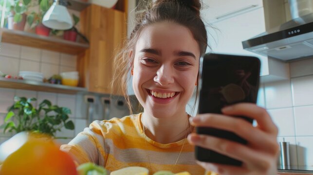 Close up young smiling happy housewife woman wear casual clothes doing selfie shot pov on mobile cell phone touch face eat breakfast cooking food in light kitchen at home alone. Healthy diet concept