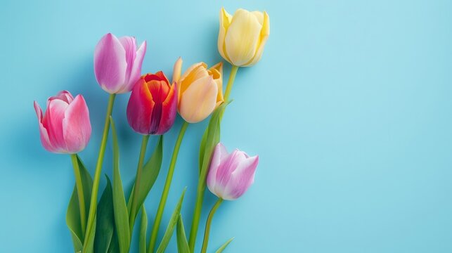 Closeup of colorful blooming tulip flowers in spring on blue background. Mother's Day, Valentines, Anniversary, Easter, Birthday.