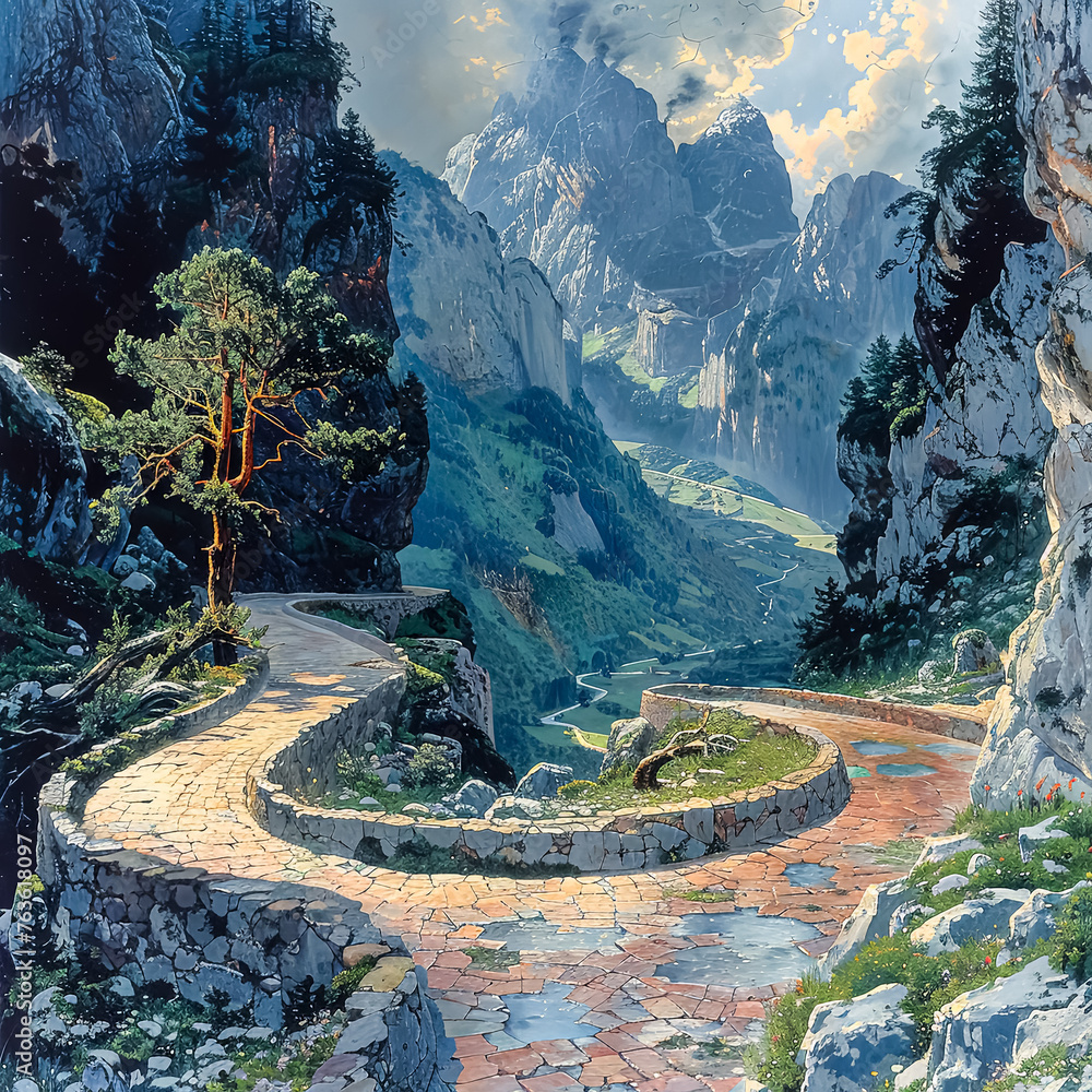 Poster a winding road in the mountains with a tree on the side. the painting has a serene and peaceful mood