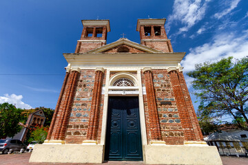 Facade of Our Lady of Chiquinquira church in Santa Fe de Antioquia, Colombia