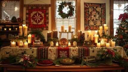 Fototapeta na wymiar Display of handmade Saint Joseph's Day decorations, including wreaths, candles, and embroidered linens