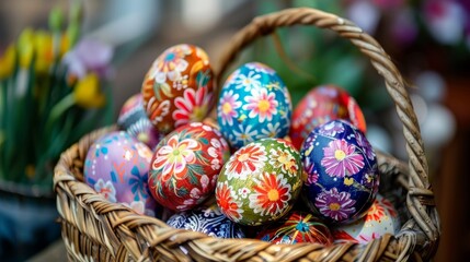 Fototapeta na wymiar Colorful hand painted Easter eggs. Handmade Easter eggs in a wooden basket.Spring decoration. Painted Easter eggs.Festive tradition.Selective focus.Happy Easter!