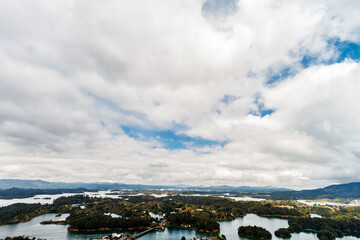 Aerial panoramic view of the Guatape-Peñol reservoir in Antioquia, Colombia
