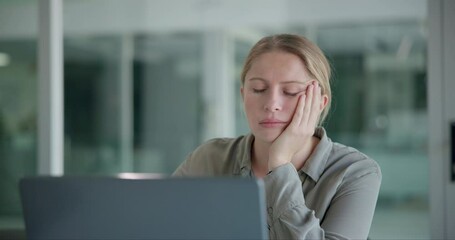 Business, tired and woman with laptop, fatigue and exhausted with burnout and overworked in a modern office. Person, PR consultant and employee with computer and sleepy with stress and mental health - Powered by Adobe