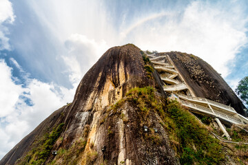 View from below against sunlight of the Rock of Guatape, Colombia