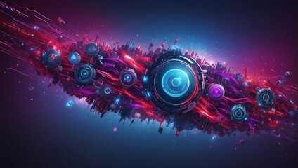 Background wallpaper with artificial intelligence design red purple and blue colors, copy space, advertising space, product copy space