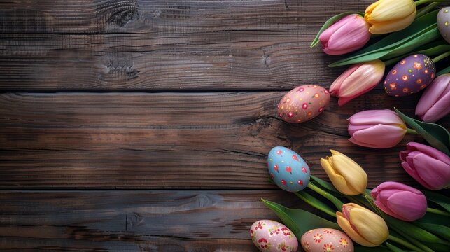Easter eggs and tulips on wooden planks