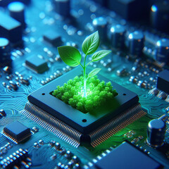 the concept of nature emerging from a computer chip, signifying new life and an eco-friendly concept that combines technology with the natural world.