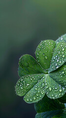 Symbol of Luck: Magnificent Close-up View of a Dew-kissed Irish Clover Leaf against a Green Backdrop