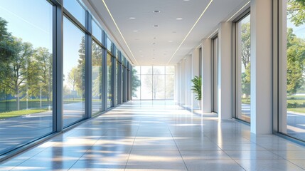 Sleek modern hallway with panoramic glass windows revealing serene park views