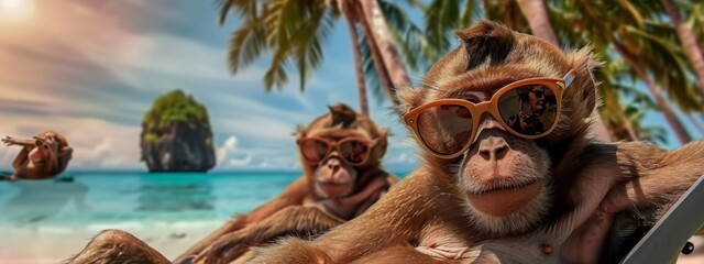 Funny animal monkey summer holiday vacation photography banner background - Closeup of monkeys with sunglasses , chilling relaxing at the tropical ocean beach, in a lounge chair - obrazy, fototapety, plakaty