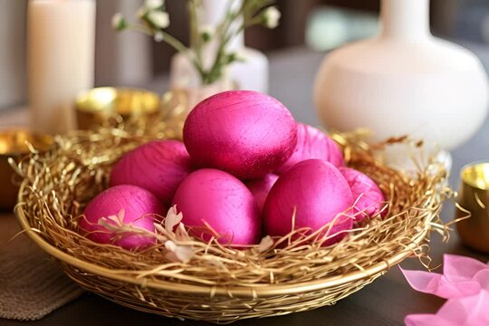 A gold and pink Easter eggs nestled in a gold wire basket, surrounded by white flowers and candles, creating a festive and elegant setting.