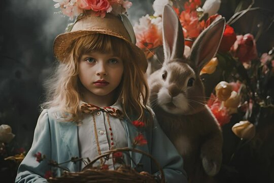 A young girl wearing a vintage blue dress and a straw hat adorned with flowers stands beside a curious rabbit among colorful blooms, creating a whimsical Easter scene.