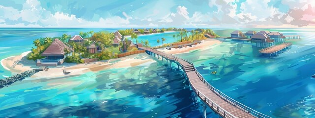 oil painting on canvas, Maldives paradise scenery. Tropical aerial landscape, water villas with amazing sea and lagoon beach, tropical nature. Exotic tourism destination banner, summer vacation.