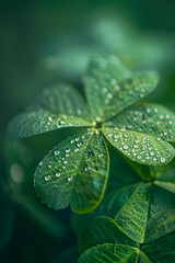 Symbol of Luck: Magnificent Close-up View of a Dew-kissed Irish Clover Leaf against a Green Backdrop