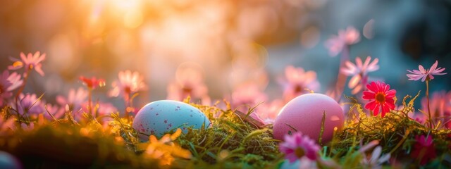 Background, eggs and color for holiday, vacation and easter season with color, chocolate and celebration. Flowers, grass and decoration in abstract for creative wallpaper, advertisement and art.