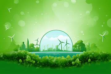 A green background with a cityscape and windmills