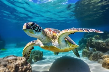 Fotobehang Tortuga swims in the ocean, surrounded by rocks and sand. The water is clear and blue © Chebix