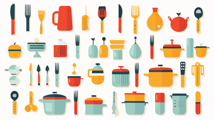 Kitchen utensils icons flat cartoon vector illustra - obrazy, fototapety, plakaty